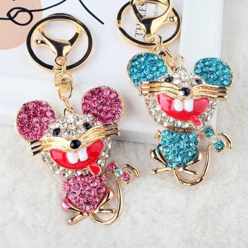 Symbol of 2020 Rat Mice Blue Heart Keyring Mouse Bowknot Tail Crystal Bag Pendant Keychains Car Key Chain Holder Women Jewelry