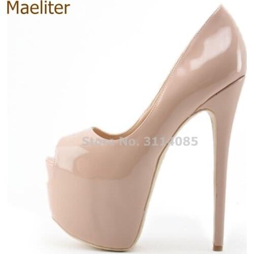 Nude Black Patent Leather Ultra High Heel Shoes 16cm Heel Wedding Shoes Platform Stiletto Heels Open Toe Nightclub Shoe Dropship