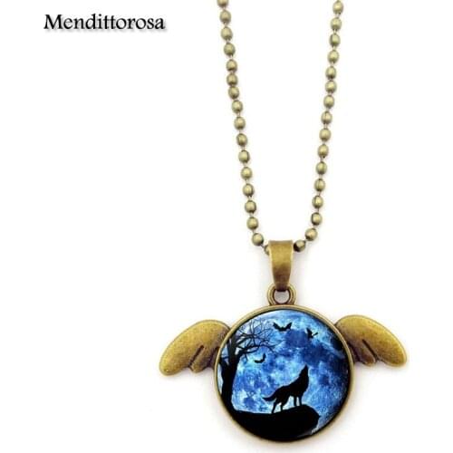 Mendittorosa Moon Wolf Howling Antique Bronze Vintage Glass Angel Wings Pendant Necklace Women Necklace Jewelry For Girls