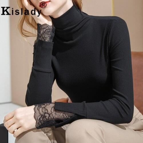 Kislady 2021 New Spring Autumn Elegant Tops Shirt Lace Patchwork Turtleneck Flare Sleeve Shirt Korean OL Gothic Women Clothes
