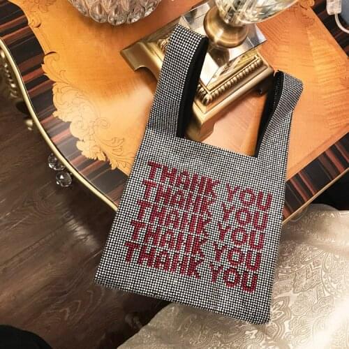 Thank You Sequins Bags Women Small Tote Bags Crystal Bling Fashion Lady Bucket Handbags Vest Girls Glitter Purses Brand Chain