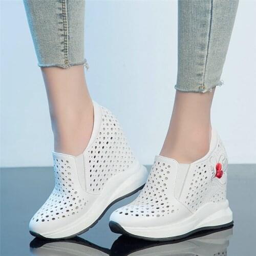 Women Cow Leather Wedges High Heel Pumps Shoes Shallow Round Toe Trainers Female Booties Tennis Shoes Girls Casual Travel Shoes