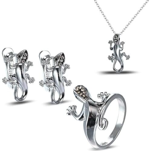 Unique Punk Lizard Jewelry Set for Women Gecko cubic zirconia Ring Earrings Pendant Necklace
