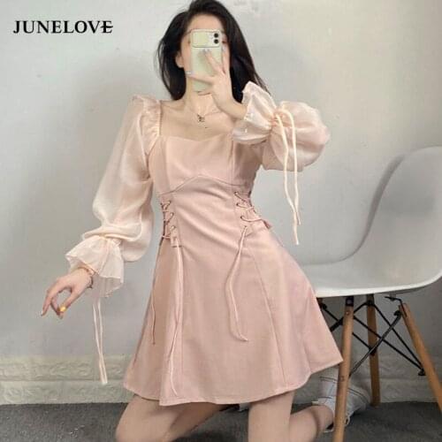 JuneLove Korean Solid Sweet Dress Women Elegant Bandage Puff Sleeve Kawaii Dress Outdoor Holiday Square Collar Dress Summer New