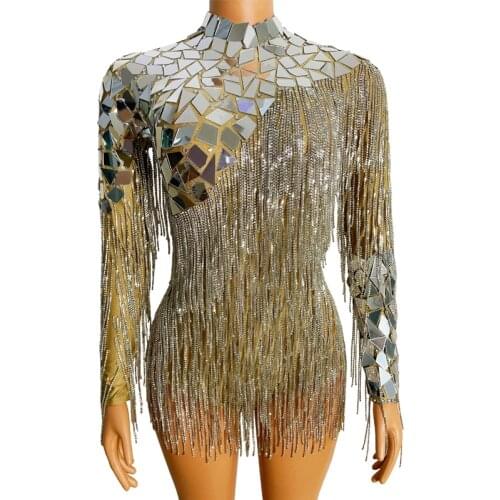Shing Silver Mirror Rhinestone Chain Bodysuit Birthday Celebrate Backless Costume Evening Women Dancer Fringed Bodysuit XS2373