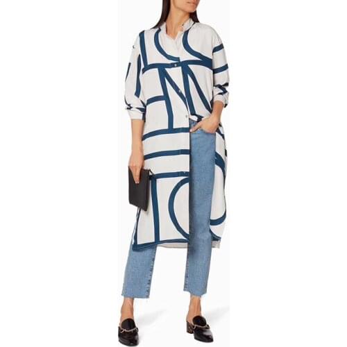 Women Geometric Silk Blouse Dress Lady Long SleeveIrregular Stripes Midi Dresses Female Turn Down Collar Straight Skirt 2021