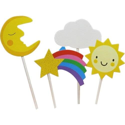 4pcs/lot Cartoon Sun moon clouds stars rainbow Baby Birthday Cake Topper Childrens Day Kids Favors Anniversary Cupcake DIY Flag