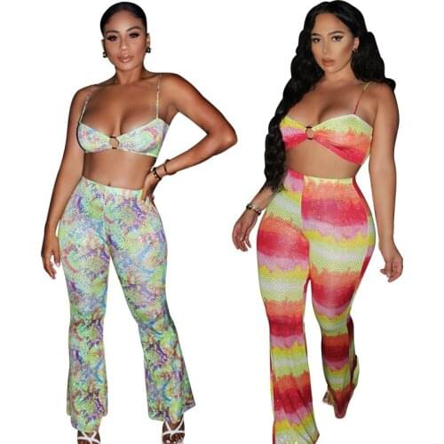 Adogirl Sexy Women Pleated Tie Dye Two Pieces Set Crop Top And Flare Long Pants Suits Matching Set Party Night Club Outfits