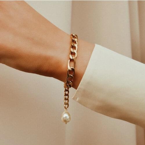 18k Gold Plated Stainless Steel Figaro Chain Bracelets For Women Freshwater Baroque Pearl Bracelet