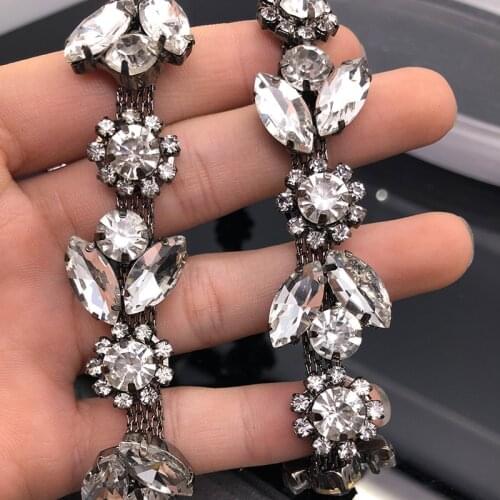 Flower chain Crystal Rhinestone Wedding dress accessories Pearl Beaded Lace Trim fabric applique patches Iron on or Sew on