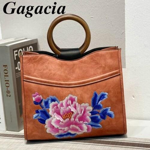 Gagacia Vintage Womens Shoulder Bag Embroidery PU Leather Top-handle Handbag Female Retro Chinese Style Crossbody Bags 2021 new