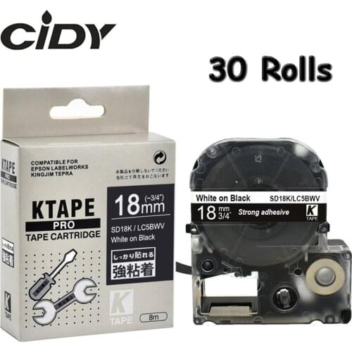 CIDY 30Pcs SD18KW SD18K LC-5BWV Compatible For Epson/KingJim LW-300 LW-400 White on Black 18mm adhesive SS18KW label tapes