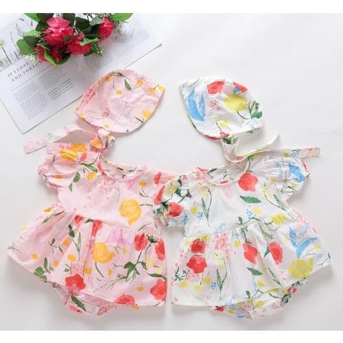2021 Summer Infant Girls Clothing Short Sleeve Flower Print Toddler Girls Baby Bodysuit + Hat Twins Baby Clothes For 0-2y Baby