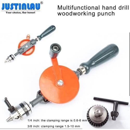 1/4 and 3/8 Inch Multi-function Hand Crank, Manual Drilling Wood-plastic Double Gear Wood Puncher, Clamping Range 0.6-10 Mm