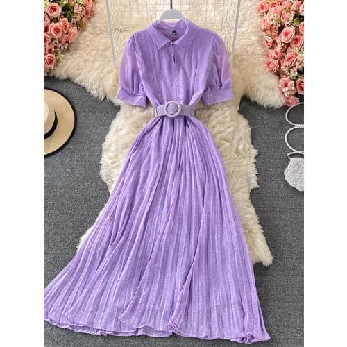 Summer Vintage Polka Dot Pleated Long Dress Women Blue/Red/Purple Draped Vestidos Casual Female High Waist Big Swing Robe 2021