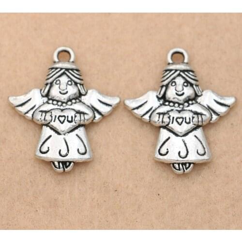 KJjewel Antique Silver Plated Angel Heart Love Charm for Jewelry Making Bracelet Accessories Handmade DIY 21x24mm