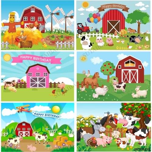 Happy Birthday Backdrop Red Barn Farm Animals Background Newborn Baby Shower Party Decorations Photography Studio Backdrop Vinyl
