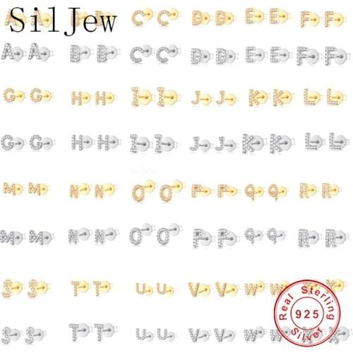 SilJew Real 925 Sterling Silver Letter Alphabet Stud Earrings Silver 925 Jewelry For Women Jewelry Zircon Wedding Earrings