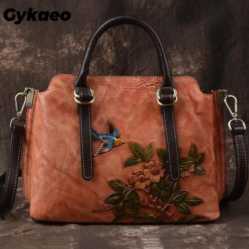Gykaeo Embossing Floral Tote Bag Genuine Leather Retro Luxury Handbags 2020 Summer Leisure Large Capacity Shoulder Crossbody Bag