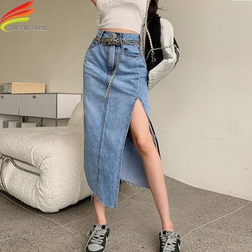 New 2021 Summer Long Denim Slit Skirt Women Korean Fashion Streetwear High Waist Blue A Line Jean Skirts With Metal Chain Jupe
