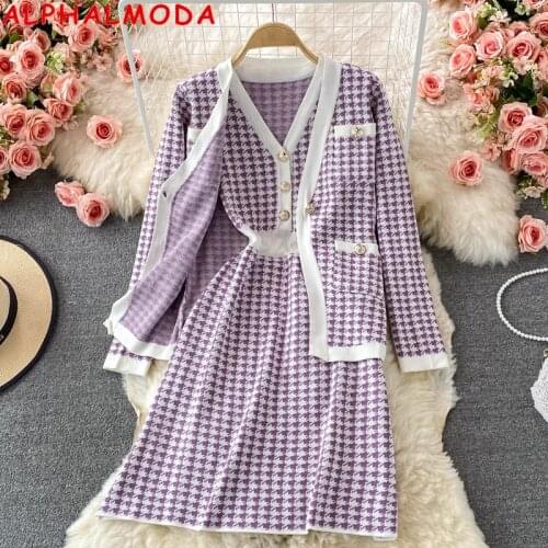 ALPHALMODA Autumn Plaids Tank Dress + Single Button Cardigan Women Fashion 2pcs Knitting Suit Ladies Trendy Official 2pcs Set