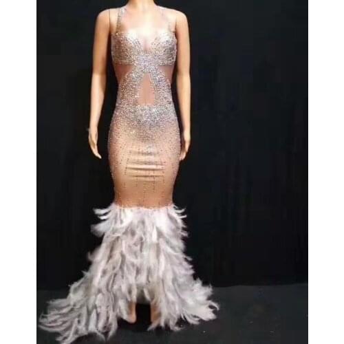 2019 Fashion New Summer Feathers Sleeveless Women Long Dress Celebrity Evening Party Mesh Diamonds White Maxi Vestidos Wholesale