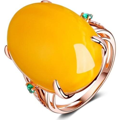 Hainon Rose gold Color Big Yellow Imitation Beeswax Engagement Rings Vintage Jewelry for Women Open Finger Ring