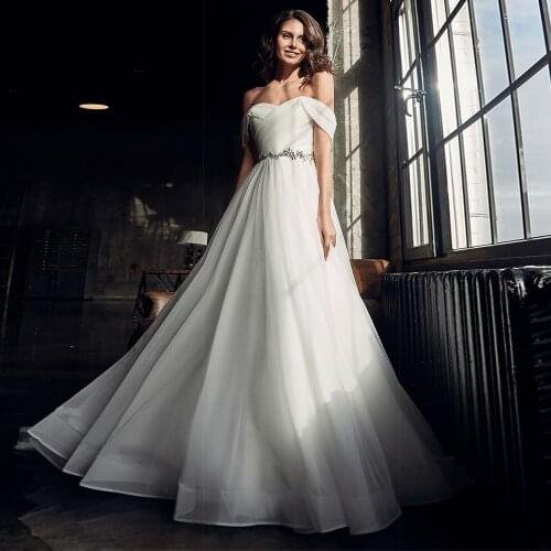 Off the Shoulder Tulle Short Sleeve Wedding Dress A Line Beading Belt Floor Length Bridal Dress vestido de novia princesa