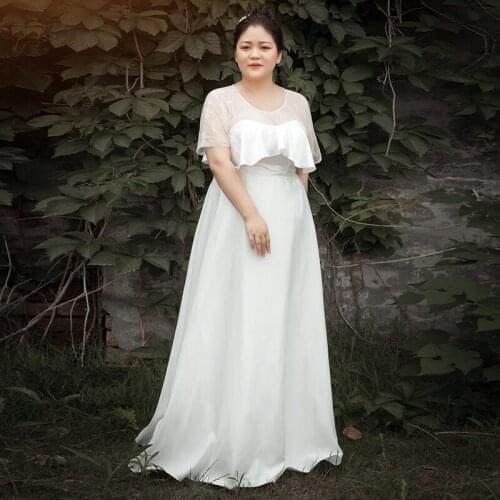 Women Formal Evening Dress O-Neck Plus Size Floor-Length Tulle A-Line Lace Up Flowers Short Sleeves Simple Evening Dresses D073