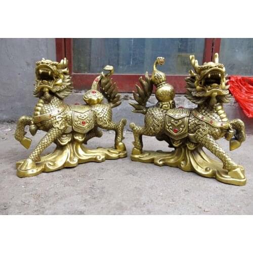12" China brass lucky bottle gourd Foo Dogs lion kylin a pair Sculpture Statues