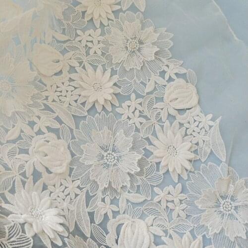 1Y/lot Off White 3D Flower Milk Silk Lace Mesh Sewing Fabric For Wedding Dress Skirt Cloth Accessories
