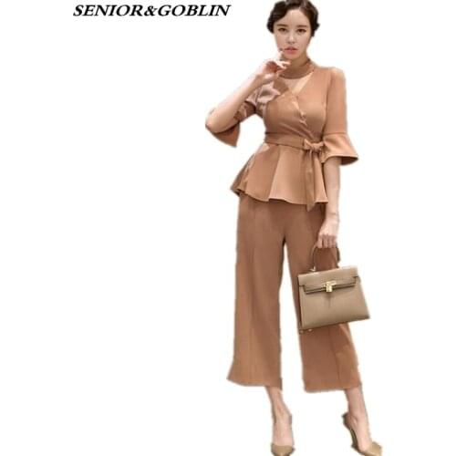 2019 High Quality Business 2 Piece Set Women Formal Sleeve Sexy V Neck Slim Top +OL Loose Pant Suit Work Wear Two Piece Set