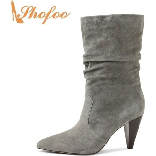 Grey High Cone Heels Ankle Boots Woman Pointed Toe Slip On Booties Large Size 14 15 Lady Fashion Mature Winter Warm Shoes Shofoo