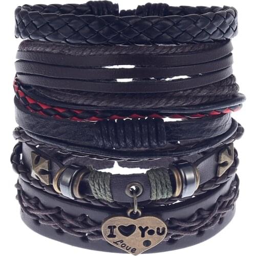 1Set/4-5PCs Punk Rock Skull Star Leather Bracelets For Men Women Gothic Braided Rope Jewelry Gifts Multi Charm Bracelet
