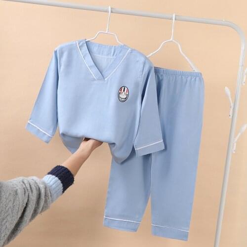 Childrens Solid Suit Long Sleeve Baby Home Clothes Breathable Sweat Absorbing Pajamas Summer Thin Style 1-8 T