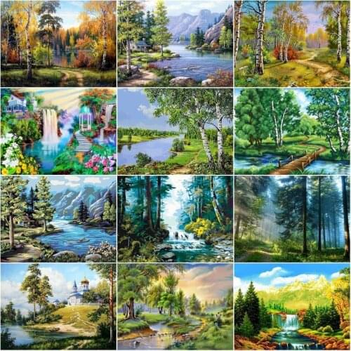GATYZTORY Oil Paint By Numbers HandPainted Green Tree waterfall Scenery Painting Handmade Unique Gift Modern Home Decor Arts