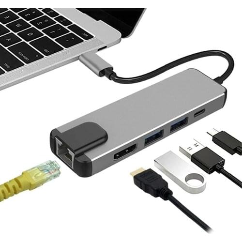 ILEPO 5 in 1 USB Type C Hub 4K USB C Hub to Gigabit Ethernet Rj45 Lan Adapter for Macbook Pro Thunderbolt 3 USB-C Charger