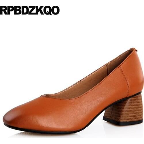 Classic 2018 Shoes Medium Heels Ladies Walking Pumps Square Toe Block Genuine Leather Office Brown Retro Black Vintage Size 4 34