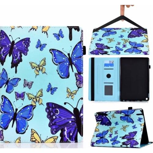 Cute Blue Butterfly Printed Leather Vintage Stand Folio Cover Protective Case for All-New Kindle Fire HD 10 & 10 Plus Tablet