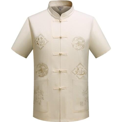 Mens Traditional Chinese Retro Embroidery Hanfu Short Sleeve Shirts for Men Kung Fu Tai Chi Suit Dragon Pattern Men Shirts