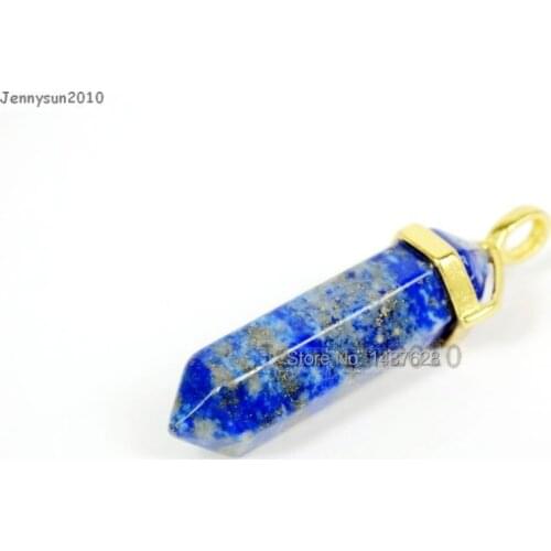 Natural Lapis Lazuli Gems Stones Hexagonal Pointed Healing Reiki Chakra Gold Pendant Beads Necklace Earrings Jewelry 10Pcs/Pack