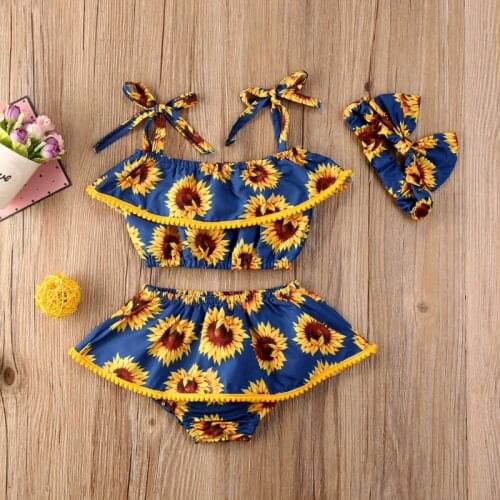 New Baby Summer 3pcs Clothing Boho Kids Baby Girls Sunflower Off Shoulder Ruffle Tops+ Floral Shorts+Headwear Sets