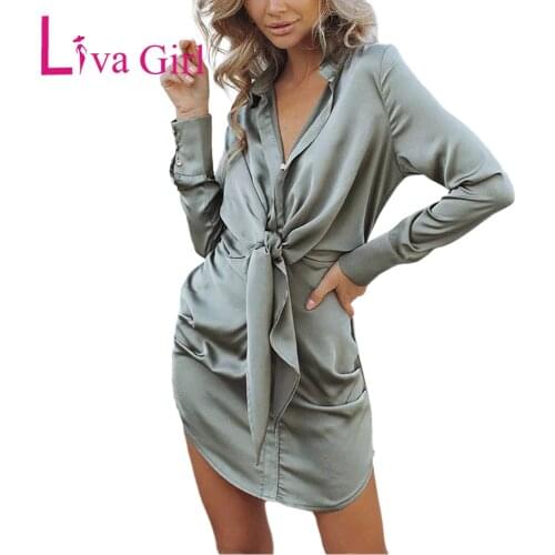 Liva Girl Sexy Champagne/Red Long Sleeve Silk Doll Mini Dress Woman V-Neck Solid Loose Slim Shirt Skirt Female Plus Size Dress