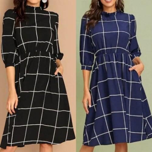 Stand Collar Simple Plaid Dress 2020 Autumn Winter Elegant Women 3/4 Sleeve Knee Length Dress Casual A Line Work Dress Plus Size