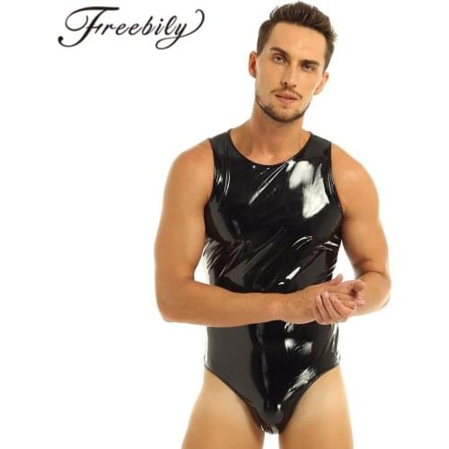 Sexy Men Lingerie Glossy Wetlook Patent Leather One-piece Sleeveless Leotard Back with Zipper Bodysuit Jumpsuit Clubwear