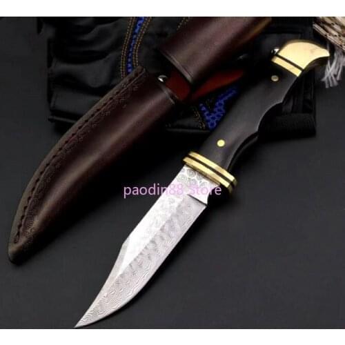 Anniversary Fixed Balde Knife Damascus Blade Wood Handle Hunting Knife Camping Hiking Collection Leather Sheath