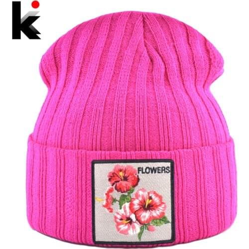 Womens Hat With Flower Patch Autumn Winter Knitted Skullies Beanies Women Winter Soft Double Layer Knit Bonnet Caps Men Gorras