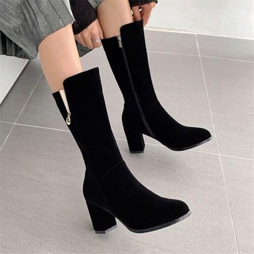 Women Boots Winter Knee High Boots Zipper Square High Heel Long Boots Crystal Round Toe Shoes Ladies Fall Big Size 32-43