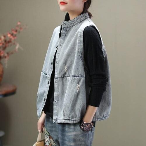 2020 Spring New Casual Loose Slim Wild Washed Broken Stand Collar Cowboy Vest Jacket Female Vintage Jeans Mujer Chaqueta K078