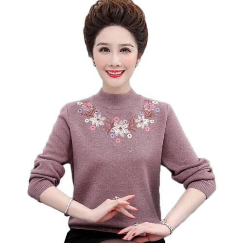 Womens Winter Thicken Warm Pullover Fashion Embroidery Half Turtleneck Sweater Middle-aged Mothers Knitted Jumper Mujer W2172